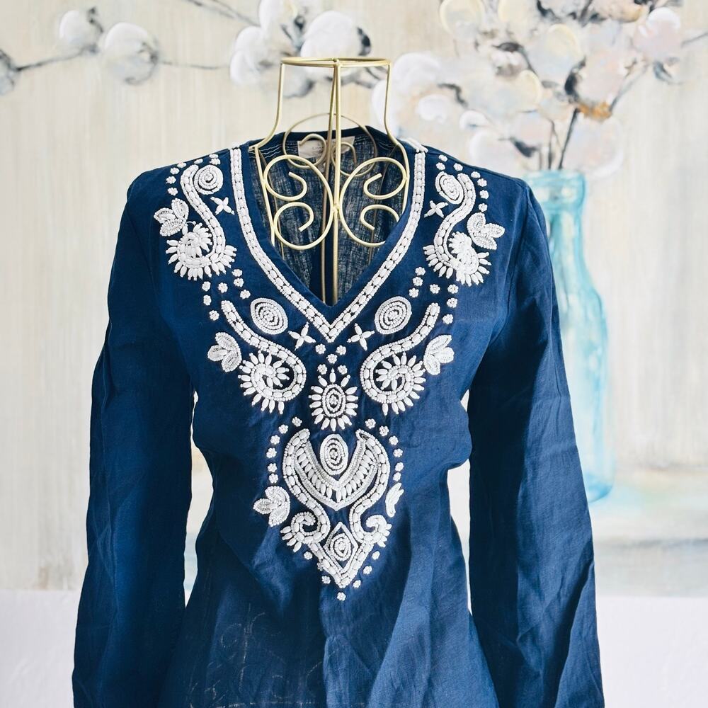 Charter Club Luxury Navy Linen Beaded Tunic Top Size S Boho Embellished - Picture 5 of 8